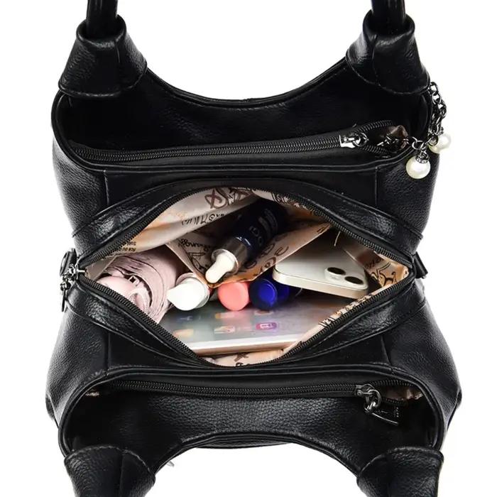 Sac à main hobo en cuir de litchi souple, sac à bandoulière 3 couches avec pendentif feuille de perl