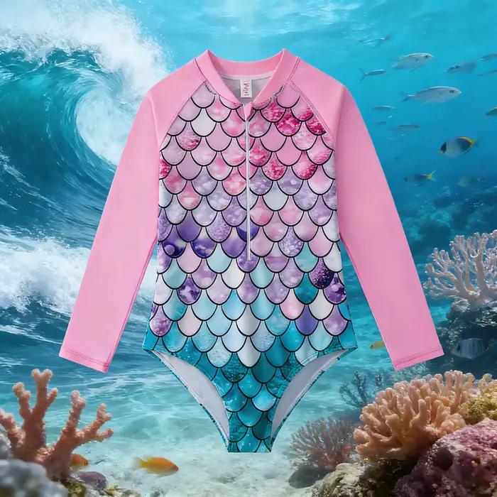 Maillot de bain sirène irisé pour filles de 3 à 8 ans, manches longues, protection contre les érupti