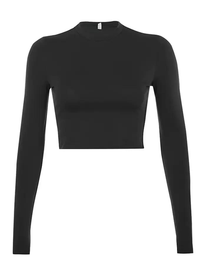 T-shirt basique à manches longues pour femmes, haut court décontracté pour dames, mode coréenne, mon