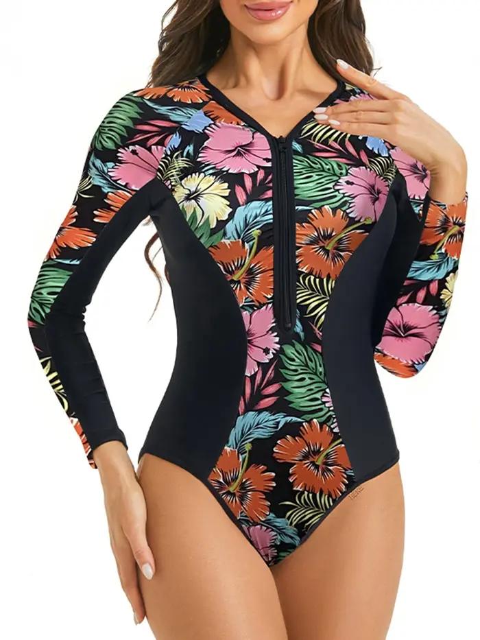 2026 Combinaison de surf slim à manches longues pour femme avec fermeture éclair, maillot de bain un