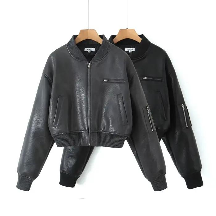 Y2K-Blouson en Cuir PU pour Femme, Col en V Côtelé, Manches sulf, Fermeture Éclair, Manteau Matelass