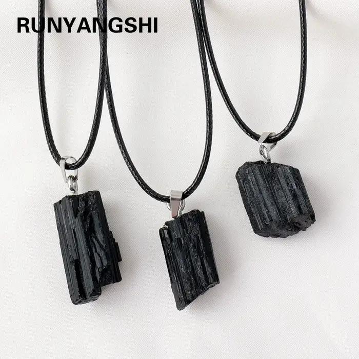 Collier avec pendentif en Tourmaline noire, cristal naturel, pierre brute, gemme non polie, bijoux à