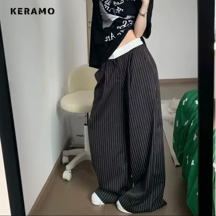 2025 printemps décontracté rayé imprimé taille haute jambe large Patchwork pantalon femmes Baggy mod