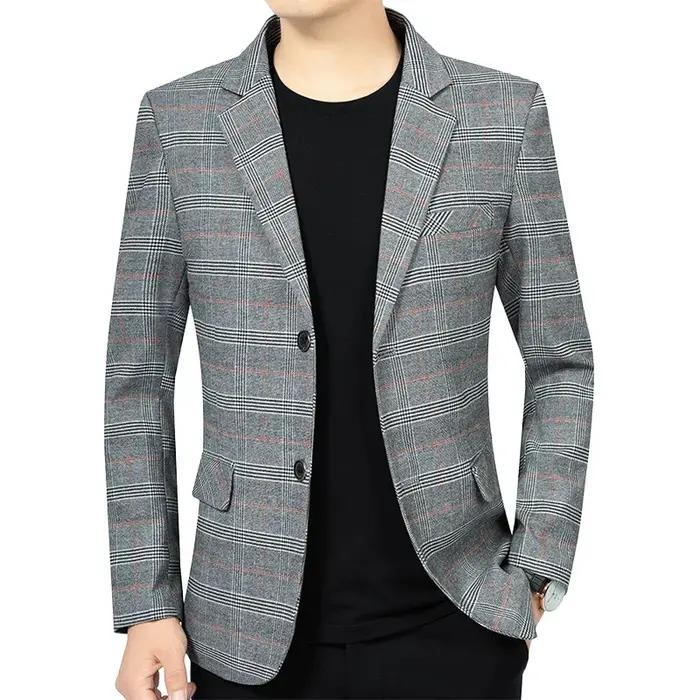 Blazer Homme Automne Tendance Rayé Contraste de Couleurs Veste de Costume Masculine Col Rabattu Manc