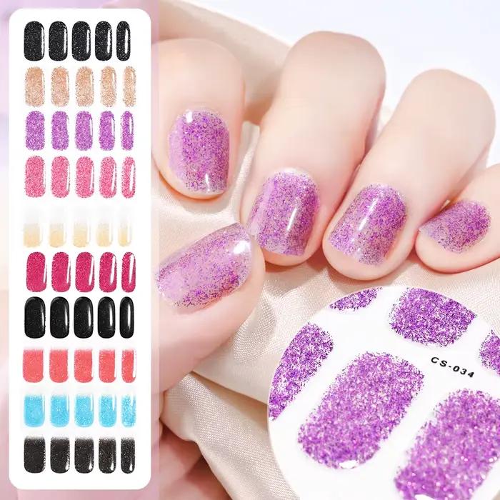 Autocollants pour ongles semi-durcis noirs français, 16 pointes, avec paillettes, Gel UV longue duré