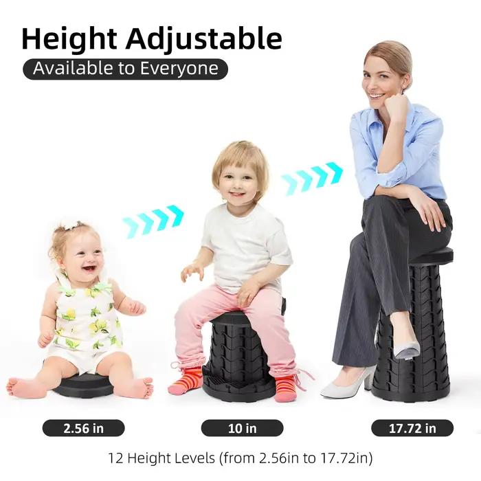 Tabouret télescopique pliable pratique avec hauteur et poignée réglables, adapté à la pêche, au camp
