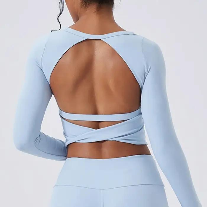 Chemise de yoga Cloud Hide SEXY dos nu gris pour femmes, manches longues, chemisier de Pilates, haut