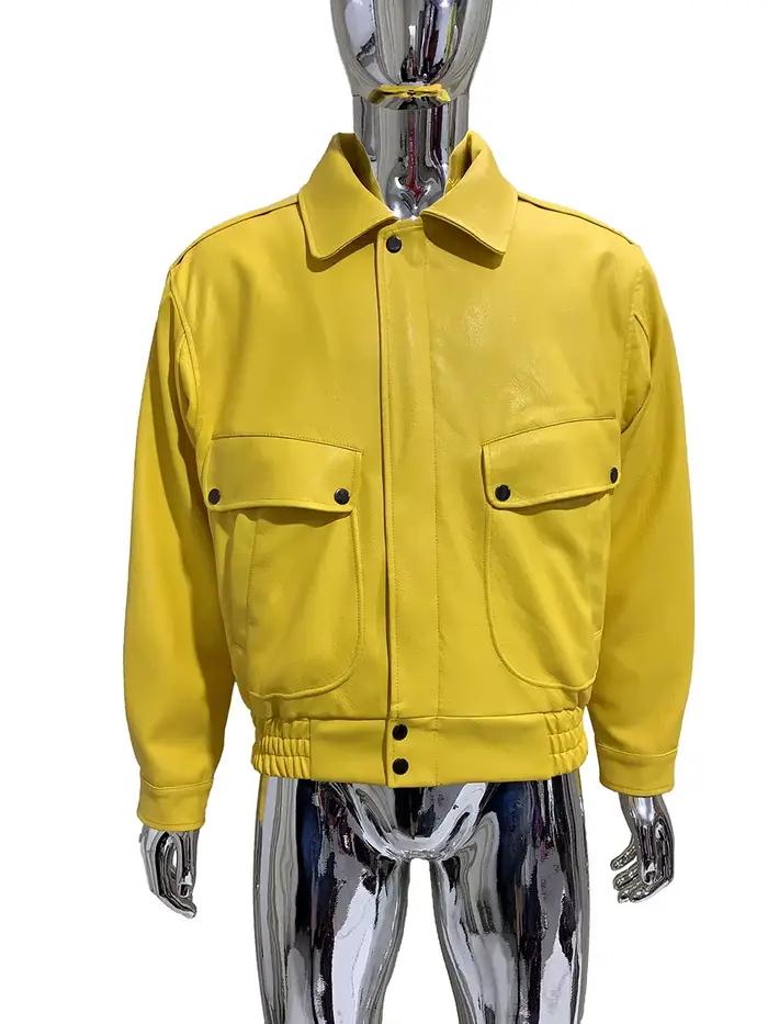 Veste courte en cuir Pu pour hommes, Cool, jaune vif, col rabattu, rouge, luxe, mode européenne, vêt