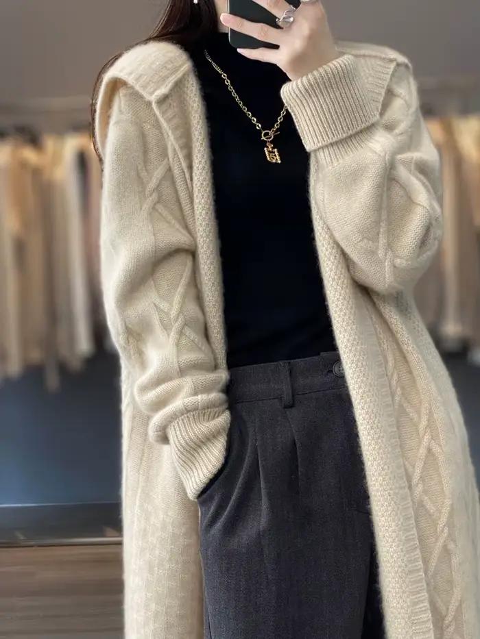 Cardigan Long en laine mérinos pour femme, pull torsadé à manches longues, manteau, ample et chaud,