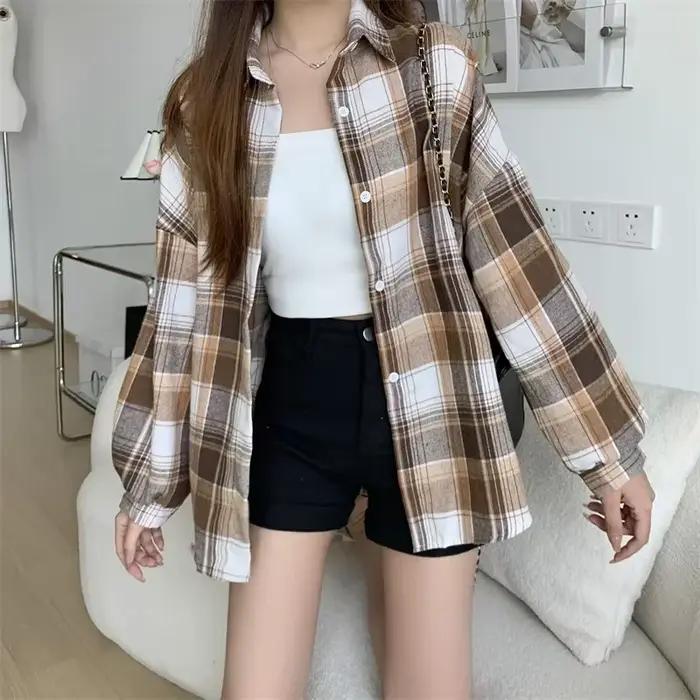 Chemise à carreaux femmes automne à manches longues haut femme simple boutonnage Blouse dames Style