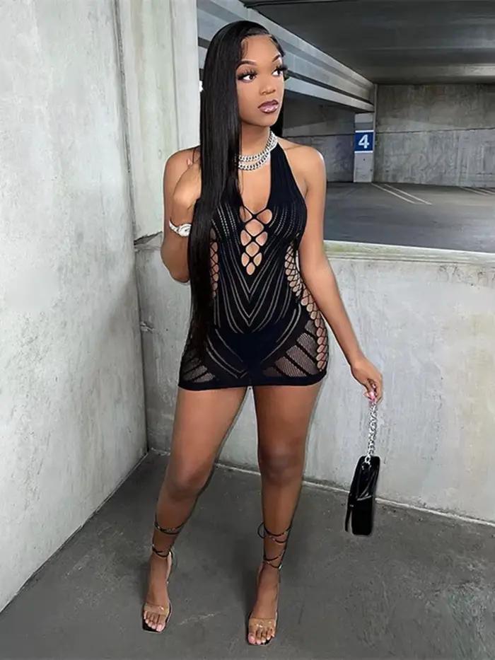 Robe courte dos nu en dentelle transparente pour femmes, chemise de nuit dos nu creux, pyjama sexy,