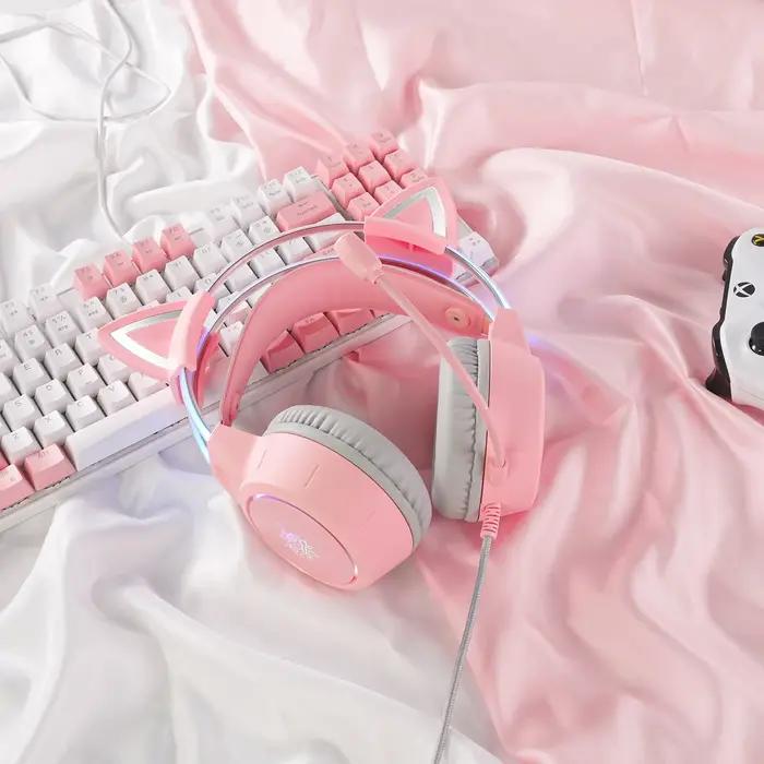 ONIKUMA casque de jeu oreilles de chat amovibles roses casque filaire Gamer avec lumière rvb suppres