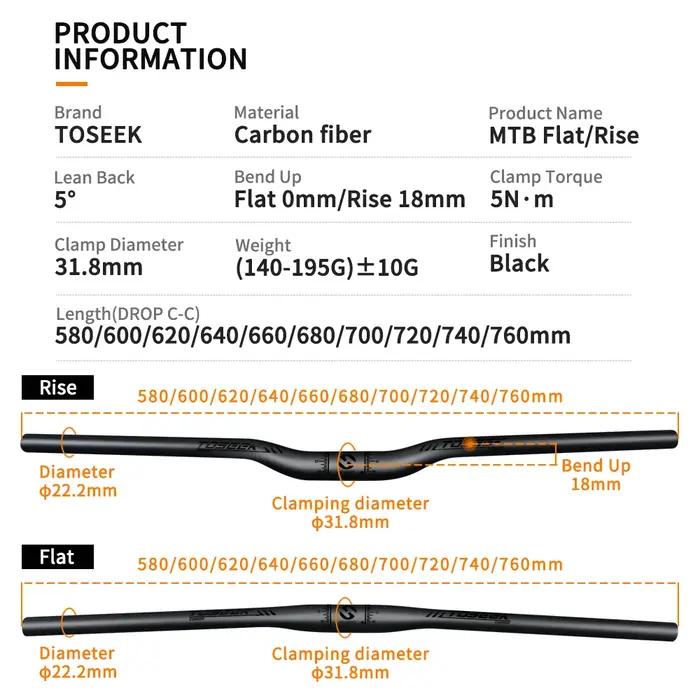 TOSEEK – guidon de vtt en carbone noir mat pour accessoires de vélo de montagne, 31.8x580-720/740/76