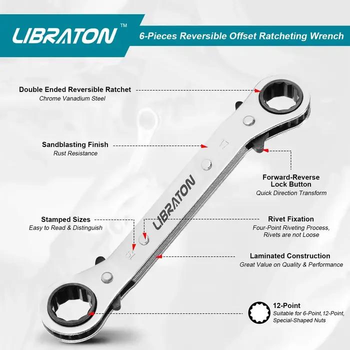 Libraton – jeu de clés décalées métriques, 6 pièces, boîte à cliquet, 6-19mm, avec boîte de rangemen