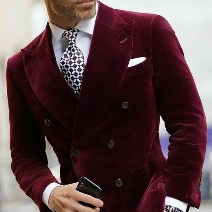 Blazer en velours bordeaux pour hommes, veste de dîner à Double boutonnage, manteau de costume éléga