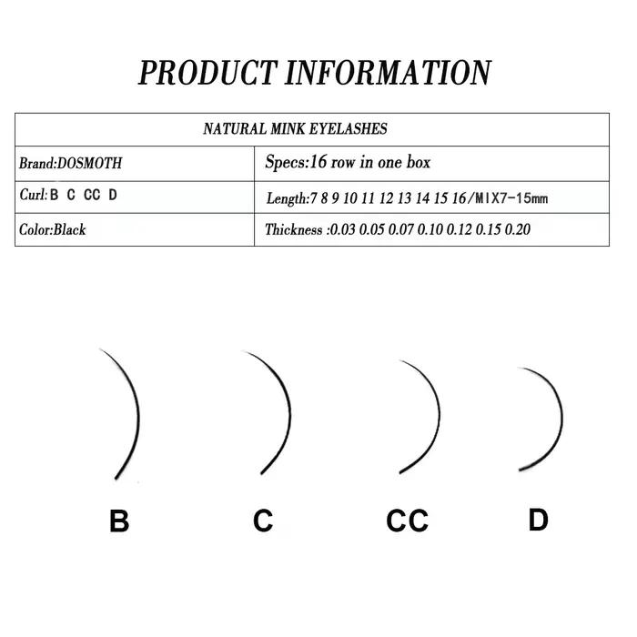 DOSMOTH 10 boîtes 16 rangées 7-16mm extensions de cils de vison supples Extension de faux cils indiv