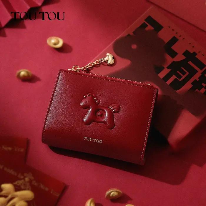 Portefeuille toutou rouge en cuir de vachette, un porte-monnaie léger et compact pour cartes et pièc