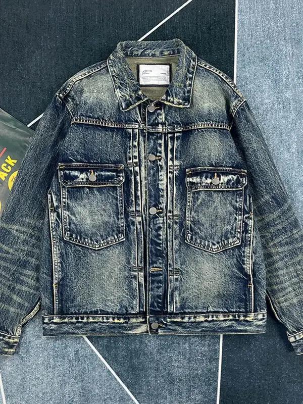 Veste Cargo en Denim lourd pour hommes, rétro américain, mode 100% coton lavé, vieux multi-poches, v