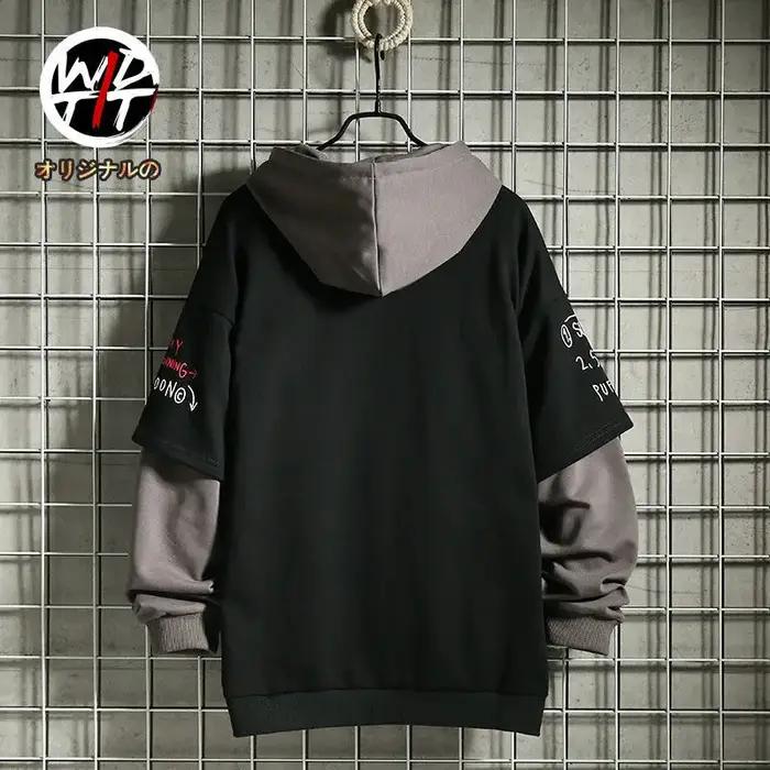 Printemps/automne hommes pull rétro faux deux pièces à capuche coréen Hip Hop imprimé sweat à capuch