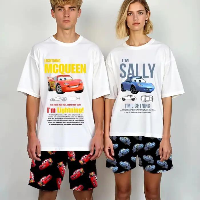 2026 2 pièces Ensemble T-shirt et short de pyjama d'été Les Voitures Lightning McQueen & SALLY pour