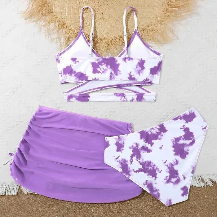 Maillot de bain 3 pièces imprimé Tie-Dye 2026 pour filles avec jupe, maillot de bain pour enfants, t