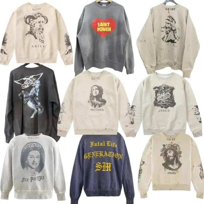 SAINT Vintage pull éclaboussé d'encre Graffiti Destruction col rond à capuche automne hiver hommes f