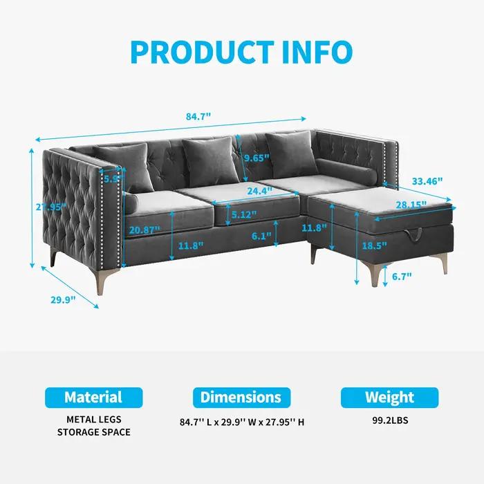 HORGgland-Canapé sectionnel convertible O, canapé en forme de L avec coussin de jet et coussin de tr