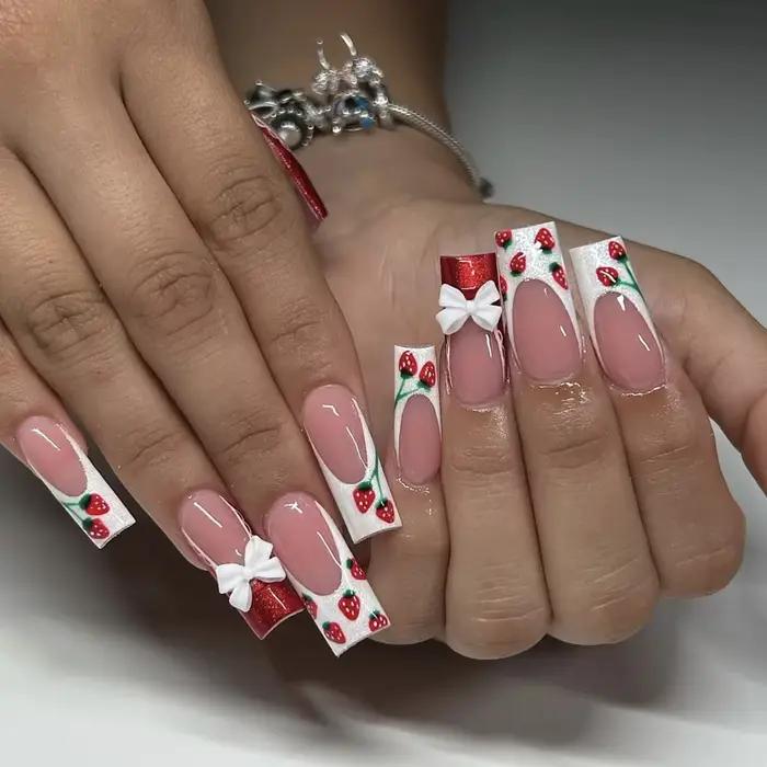 Faux ongles français longs en forme de cercueil, avec nœud de colle, bâton de diamant sur presse sur