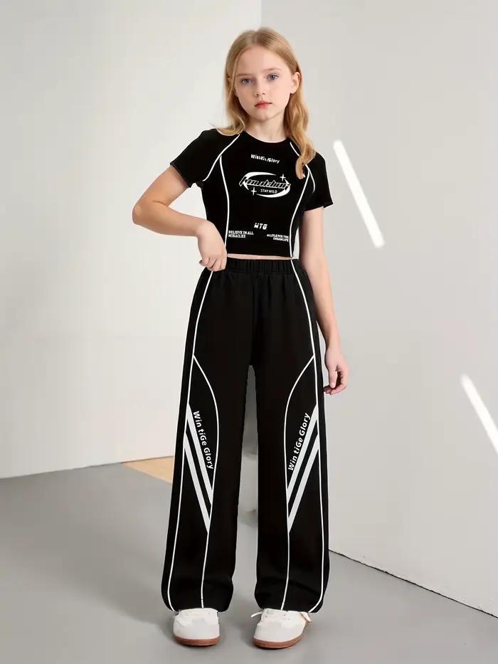 Survêtement 2 pièces pour enfants filles haut court à manches courtes imprimé lettres rayures contrastées pantalon jambes larges taille élastique occasions spéciales jeux sportives