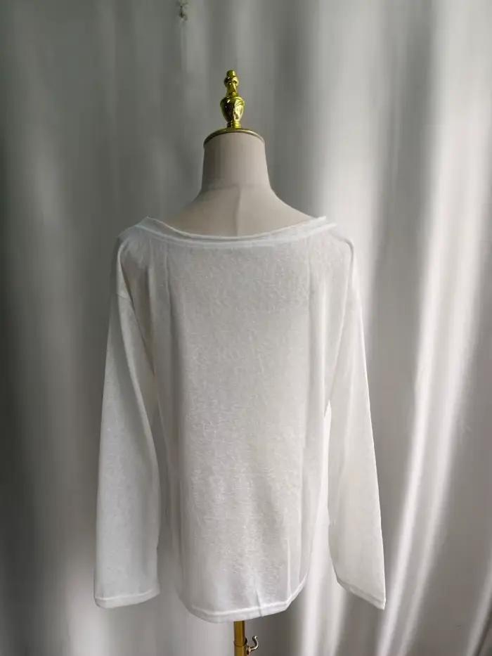 Kimotimo T-shirt Femme Été Imprimé Épaules Dénudées Manches Longues 2026 Nouveau Décontracté Transparent Ample Style Kpo