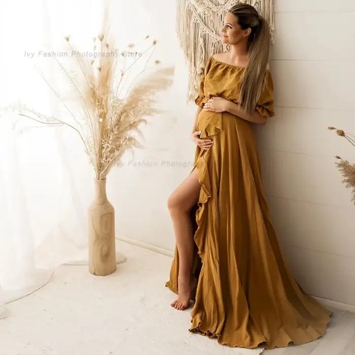Robe de maternité en coton, accessoire de Studio de photographie, fente haute, épaules dénudées, sty