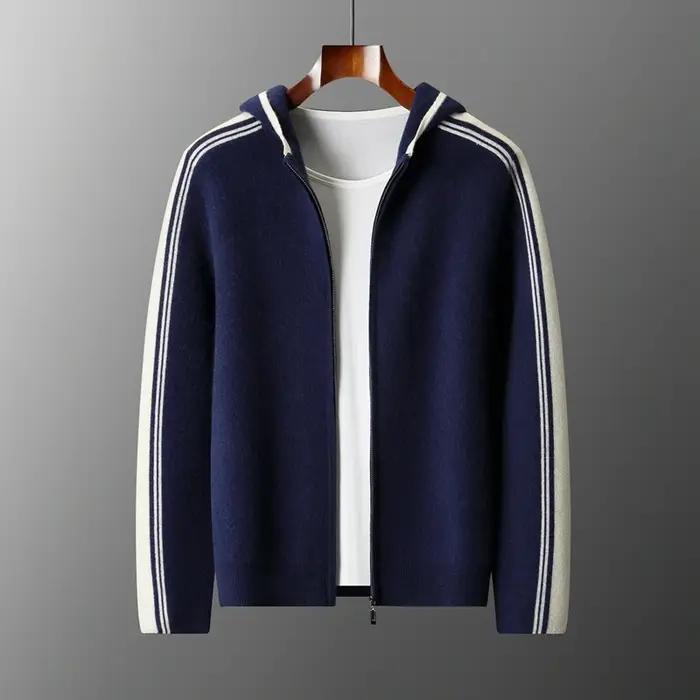 Lancement du nouveau produit: pull tricoté épais à capuche pour hommes 100% laine mérinos Cardigan à
