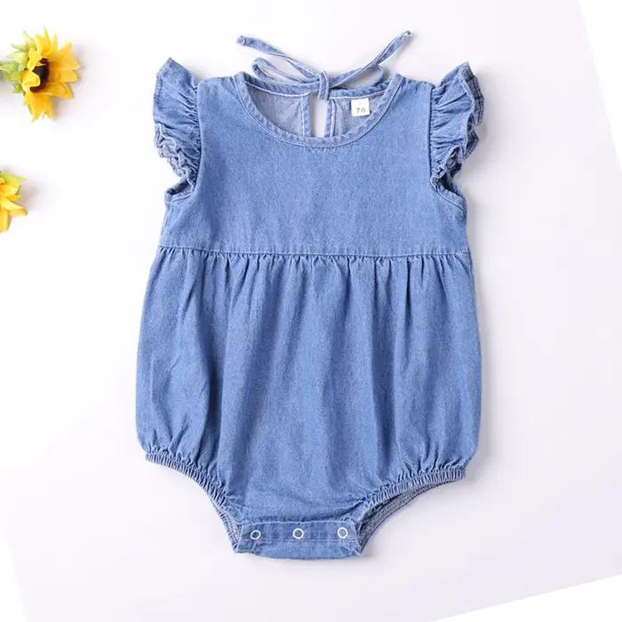 Barboteuse à volants pour bébés filles, barboteuse en coton et Denim, sans manches, body d'été, tenu