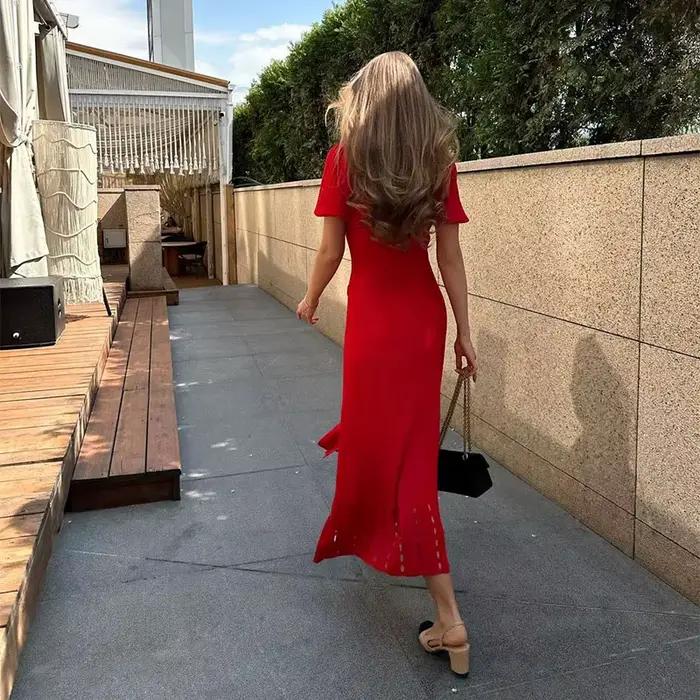 Robe évidée à simple boutonnage pour femmes, élégante robe à revers, manches courtes, chic, rouge, n