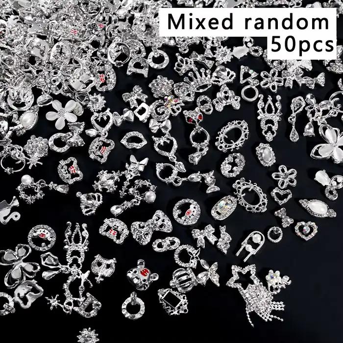 Breloques pour ongles en métal, nœud papillon/couronne en argent 3D, avec pendentif pompon, papillon