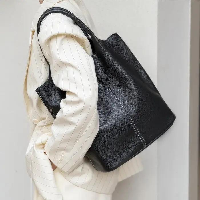 Femmes seau luxe sac fourre-tout femme décontracté véritable cuir de vache sacs à bandoulière dames