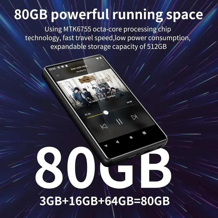 Lecteur MP3 80 Go (64 Go + 16 Go) pour Android avec Bluetooth et WiFi, écran tactile complet de 4,0