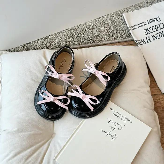 Printemps Fille Mary Janes Argent Noir Bowvétérans t Élégant Enfants Chaussures En Cuir Chunky Rond