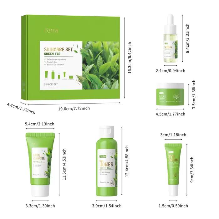 5 pièces/boîte ensemble de soins de la peau thé vert nettoyant pour le visage apaise la peau visage