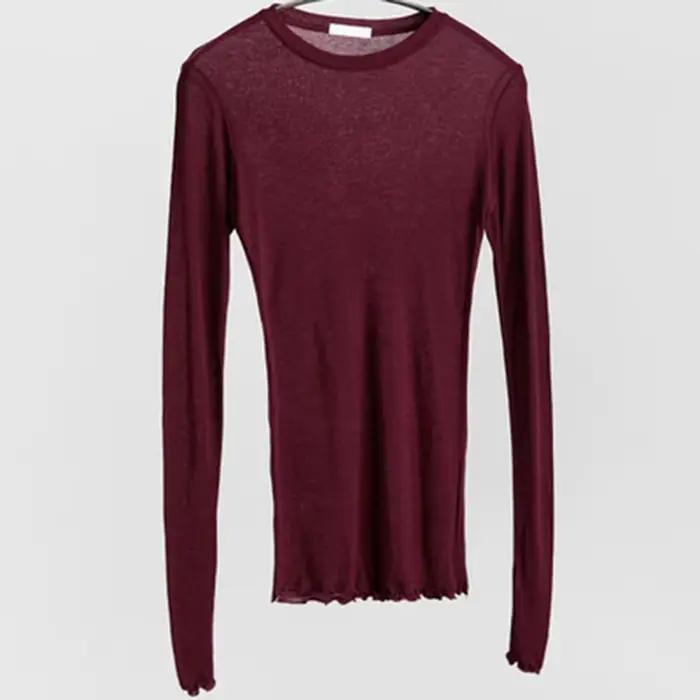 T-shirt uni à manches longues pour femmes, de haute qualité, élastique, basique, décontracté, Sexy,