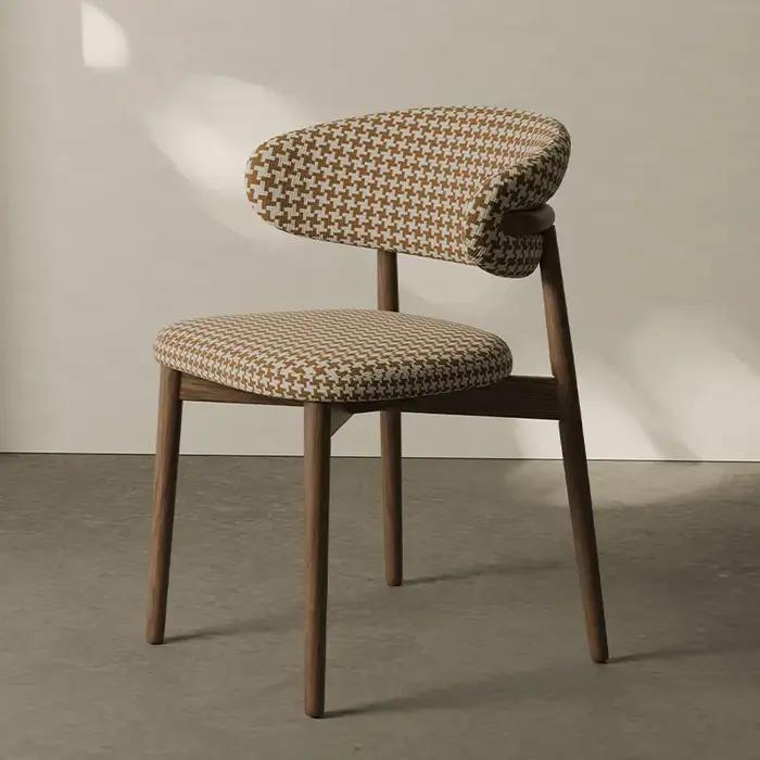 Chaise de salle à manger design rétro en bois massif, tabouret à dossier en tissu de style brochure
