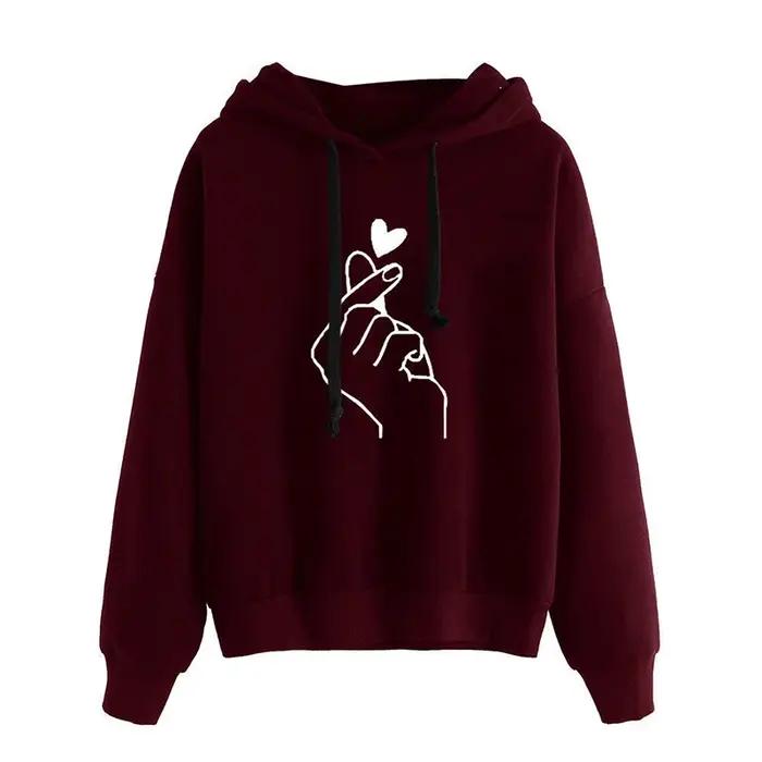 Automne sweat à capuche polaire couleur unie doigt coeur à capuche mode coréenne sweats à manches lo