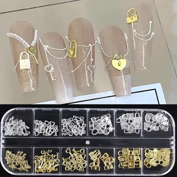 Clé de verrouillage en métal or argent, 12 grilles, pièces de décoration d'ongles, breloques en form