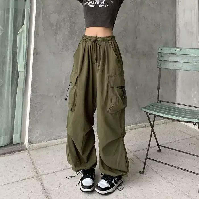 Y2K Parachute noir pantalon femmes Hippie Streetwear poches surdimensionnées Cargo pantalon Harajuku