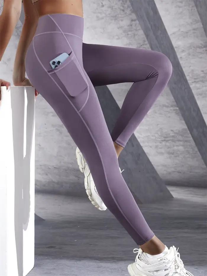 Leggings à poches latérales de couleur unie pour femmes, vêtements de sport taille haute, pantalons