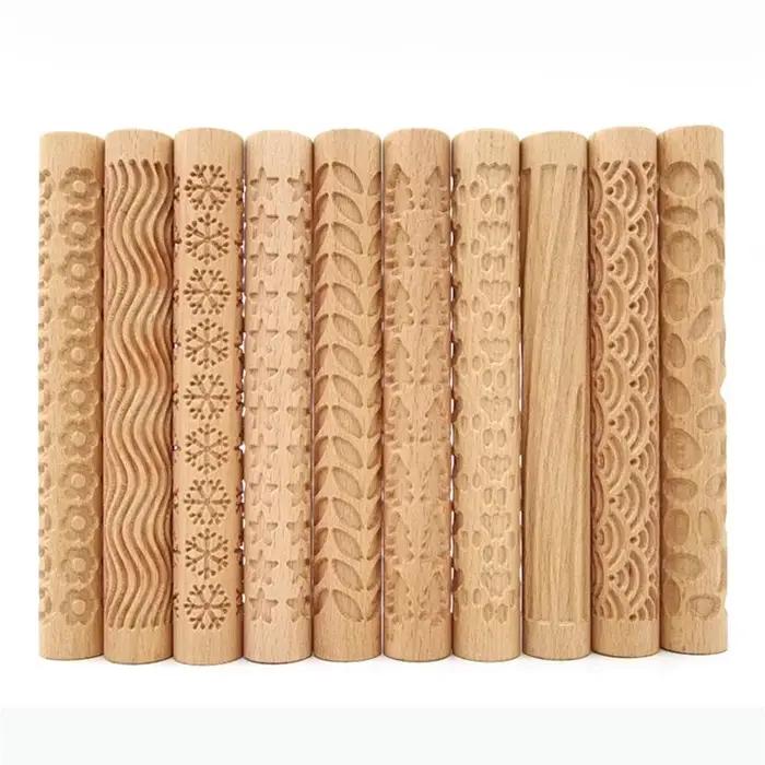 Rouleau à pâtisserie Texture en bois, poterie en céramique, tige en relief, motif de fleur, rouleau