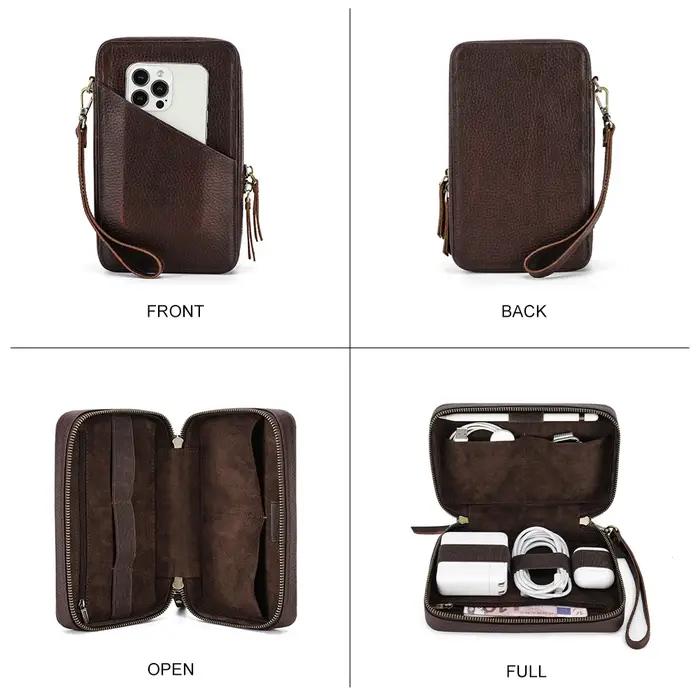 Sac de rangement portable en cuir véritable pour câble de données USB, étui pour écouteurs, accessoi