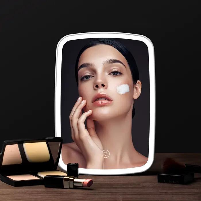 Miroir de maquillage LED avec support de bureau pliant Compact carré voyage cosmétique Portable écla
