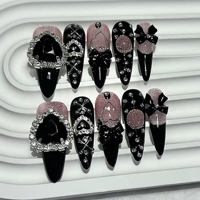 10 pièces Y2K Gyaru Kei noir rose longue pointe à la main presse sur les ongles Jirai arc amour diam
