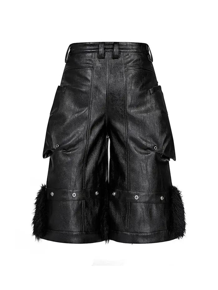 Mauroicardi automne noir fausse fourrure Patchwork Pu cuir Shorts pour hommes poches tridimensionnel